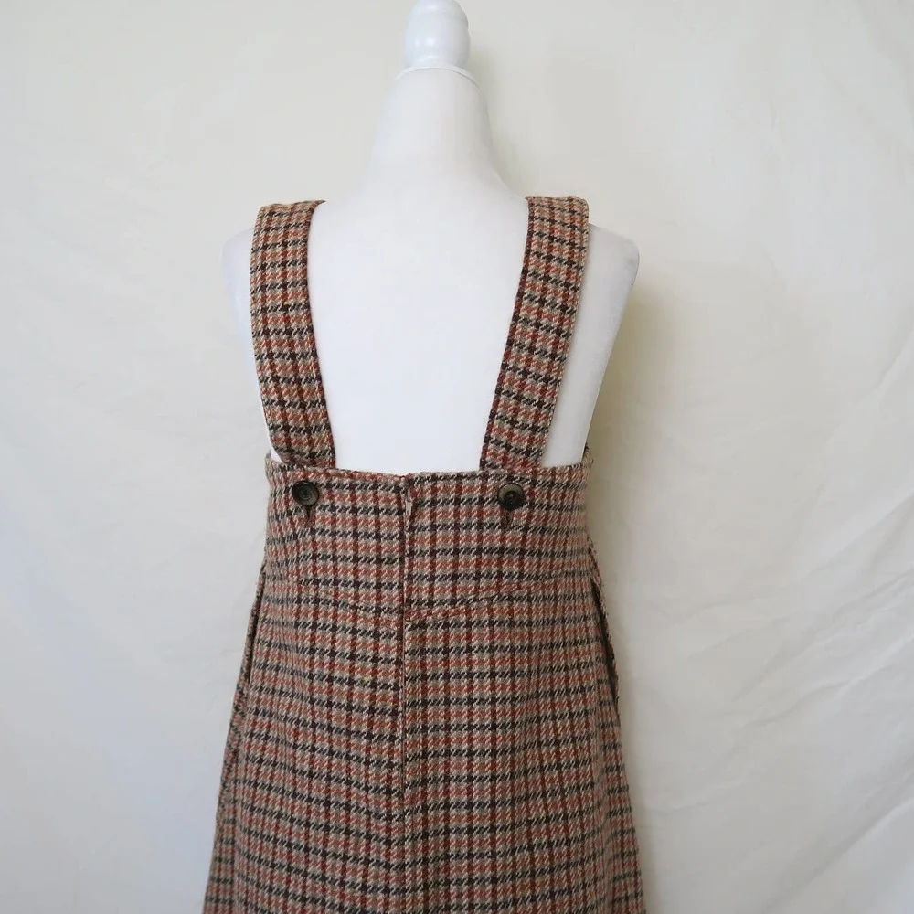 Vintage tan brown houndstooth plaid midi jumper overall dress S - Picture 6 of 7